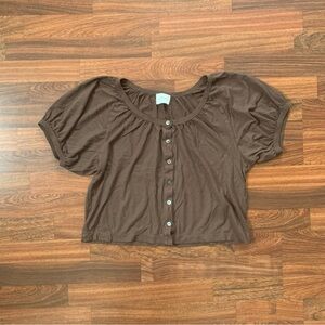 WRAP London Women Sz 4 Top Brown Boho Buttons Organic Cotton Hemp Quiet Luxury